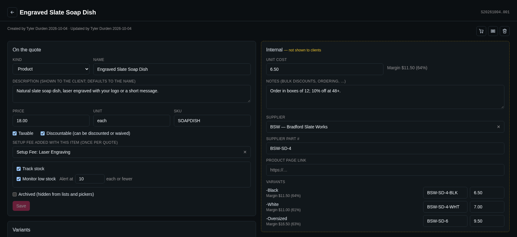 Screenshot: a product page with the "On the quote" card on the left (kind Product, name, description, price, unit, SKU, Taxable and Discountable checked, a setup fee chosen, stock tracking on) and the dashed "Internal — not shown to clients" card on the right with unit cost and margin, notes, supplier, part number and each variant's part number and cost