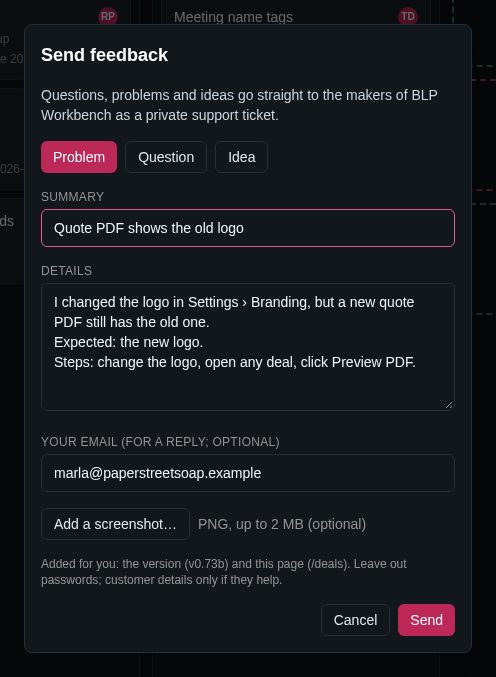 Screenshot: the Send feedback dialog with Problem selected, a Summary and Details filled in, the email box, the Add a screenshot button and the Send button