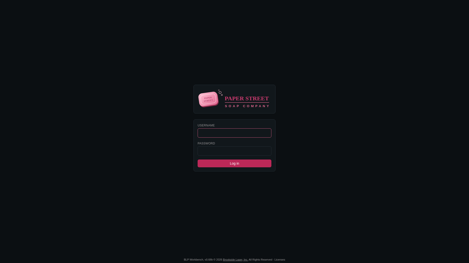Screenshot: the sign-in page with the business logo above the Username and Password fields and the Log in button, the version line at the bottom