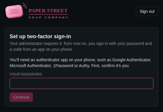 Screenshot: the Set up two-factor sign-in screen shown when it's required, asking for the password first, with Sign out at the top