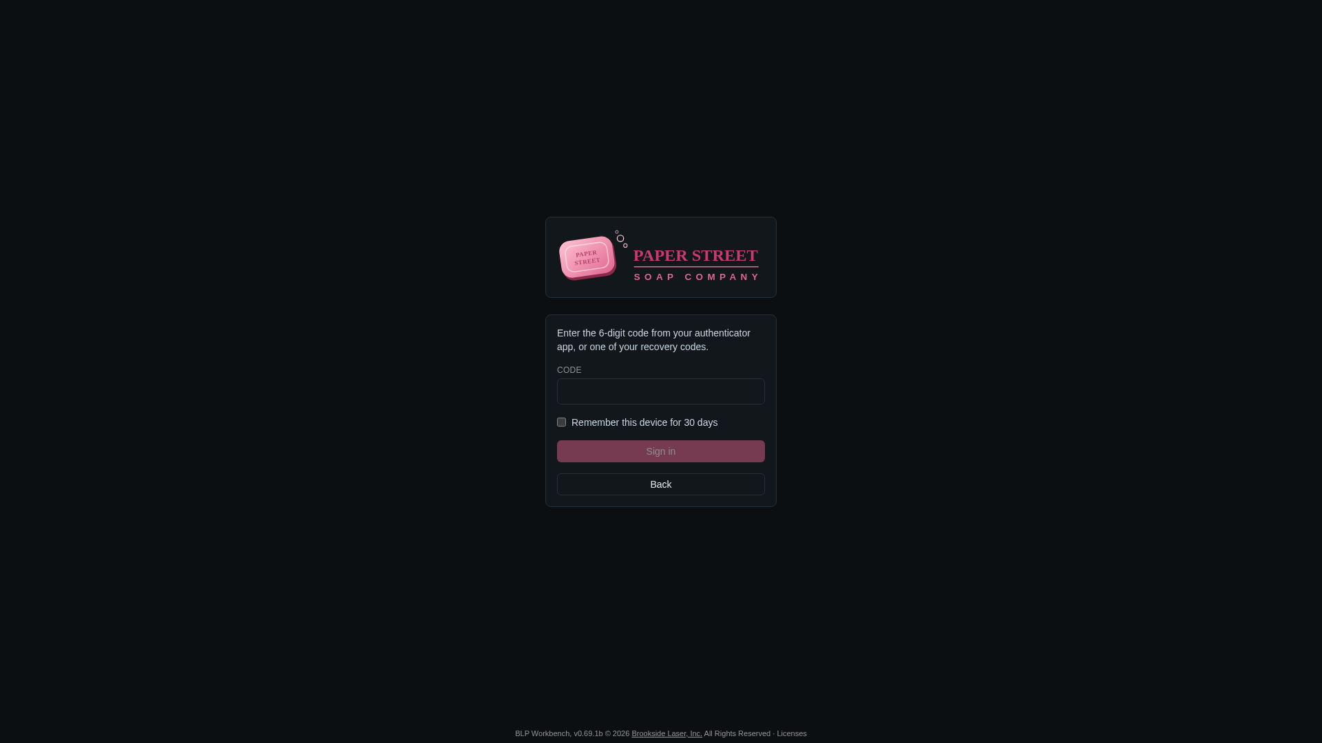 Screenshot: the sign-in page asking for the 6-digit code or a recovery code, with the Remember this device for 30 days box