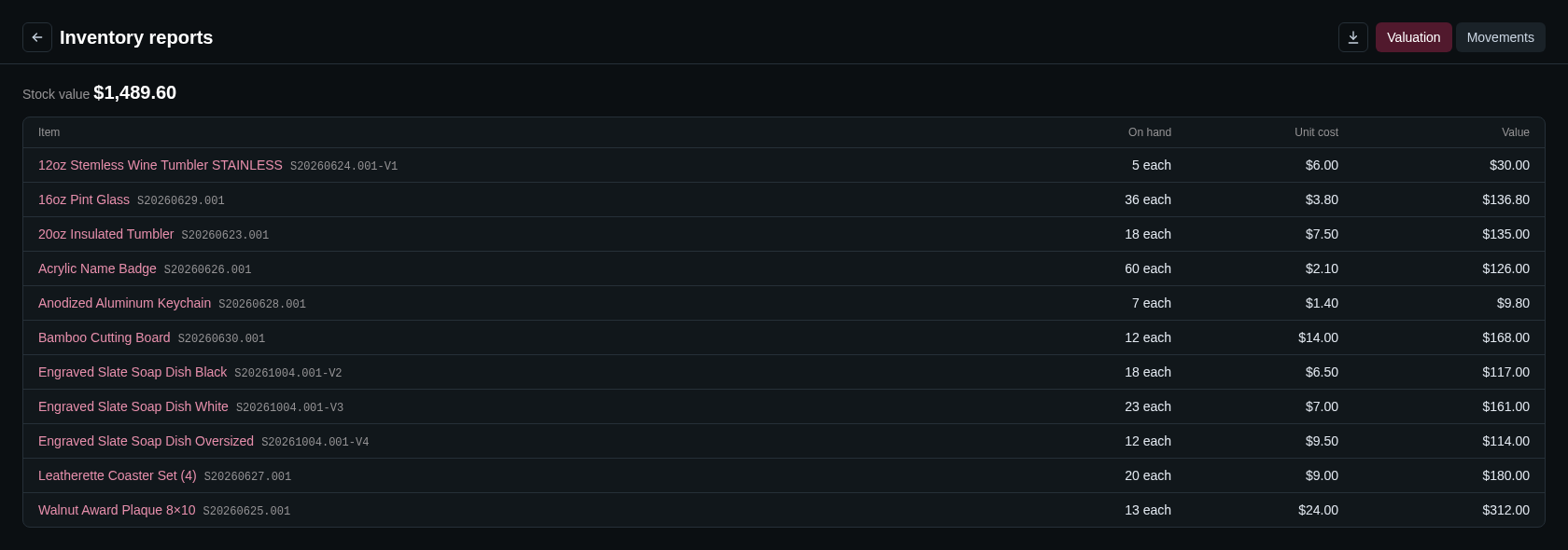 Screenshot: the Valuation tab of Inventory reports with the Stock value total at the top and a table of the stocked items with on hand, unit cost and value