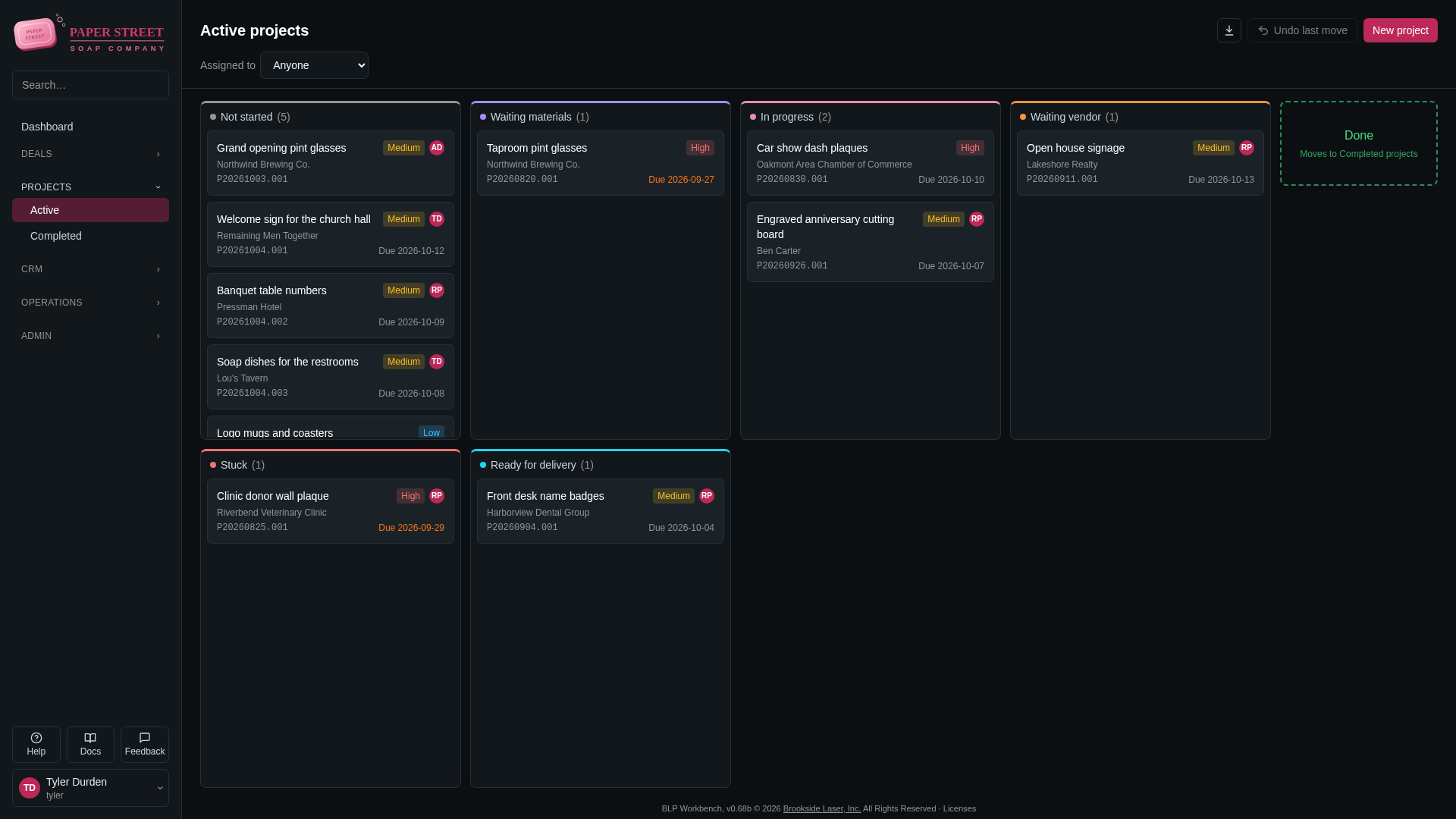 Screenshot: the Active projects board with its status columns, cards with colored priority labels and initials, overdue due dates highlighted, and the Done drop zone on the right