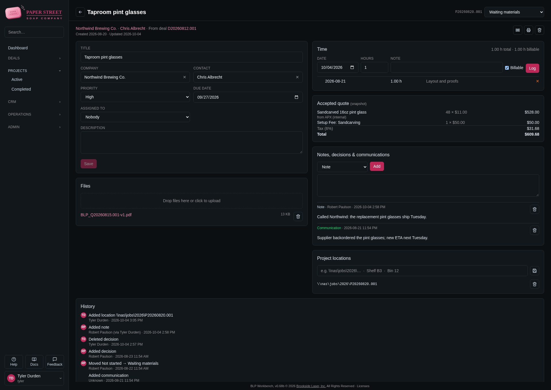 Screenshot: a project page with the details card and Files on the left, and Time, Accepted quote (snapshot), Notes, decisions & communications and Project locations on the right, with History along the bottom